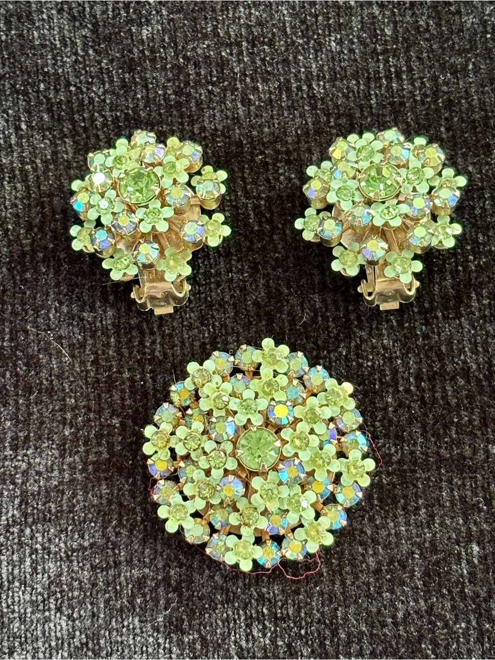 Gorgeous Weiss Green AB Rhinestone Brooch/Pin Earring Set Enamel